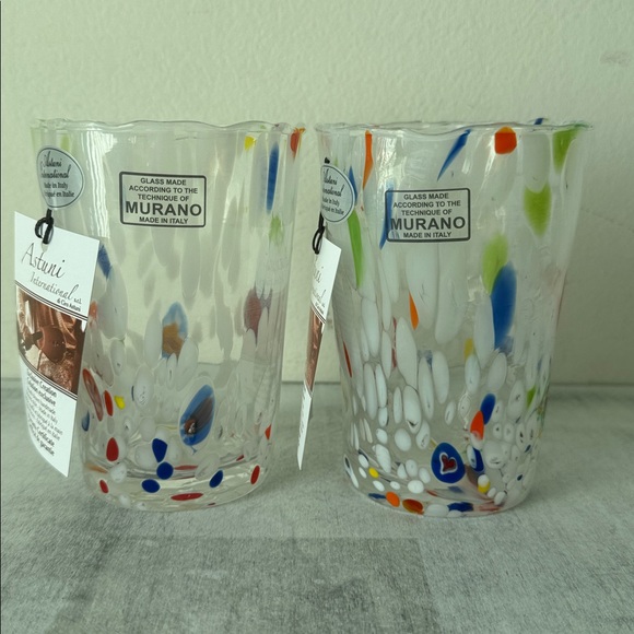 2 Glasses Murano Technique Confetti Drink Glass Tumblers White Blue Red Italy - Picture 5 of 11